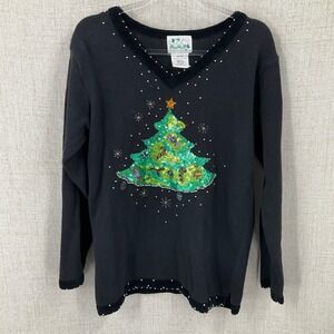 The Quacker Factory Sweater M Black Christmas Tree Sequin Holiday Whimsical